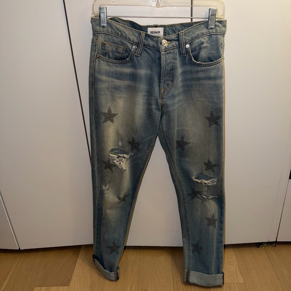 Hudson Jeans Blue Star-Embellished Cropped Jeans